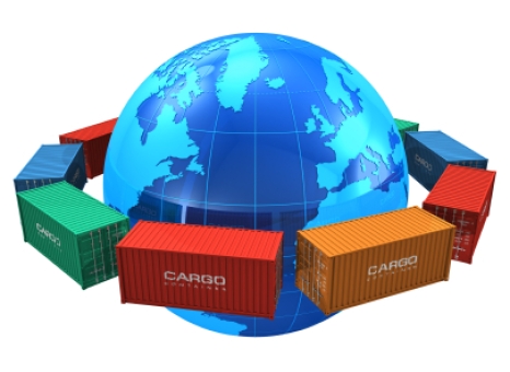 Worldwide shipping concept: row of color cargo containers around the blue Earth globe isolated on white background